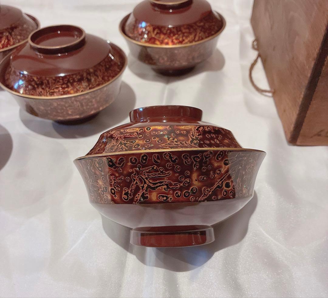 アンティーク品(明治)若狭塗り お吸い物5人分＆木箱set