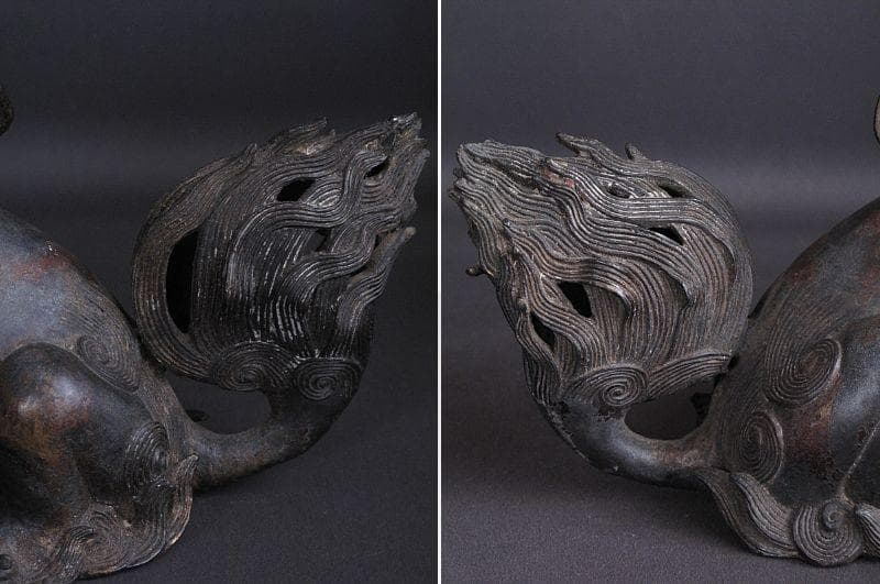 最終値下げ‼️ 金工細工『古銅 親子獅子置物』明治期　高18㎝/ 3.45㎏