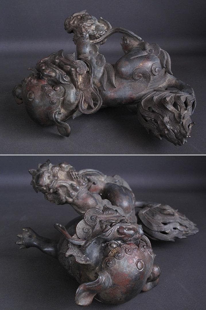 最終値下げ‼️ 金工細工『古銅 親子獅子置物』明治期　高18㎝/ 3.45㎏