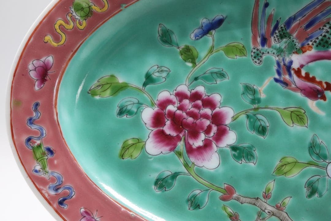 中国　許順昌造　粉彩鳳凰牡丹紋楕円大皿　送料込み1028