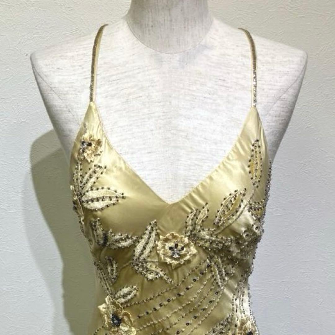 Bicici ビーズ刺繍　ロングドレス　シルク100% サイズS 花柄刺繍