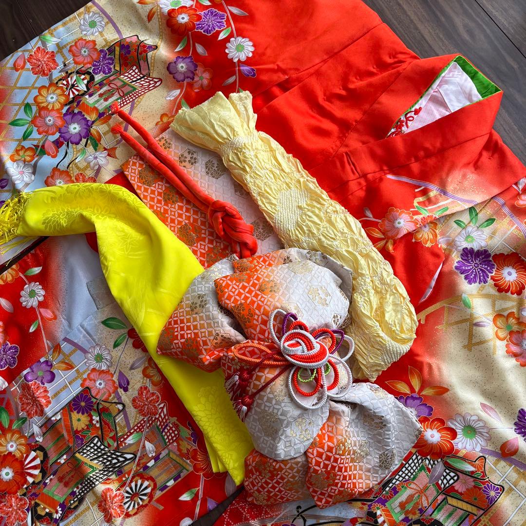 M　アンティーク　七五三　7歳　フルセット　オレンジ　朱色