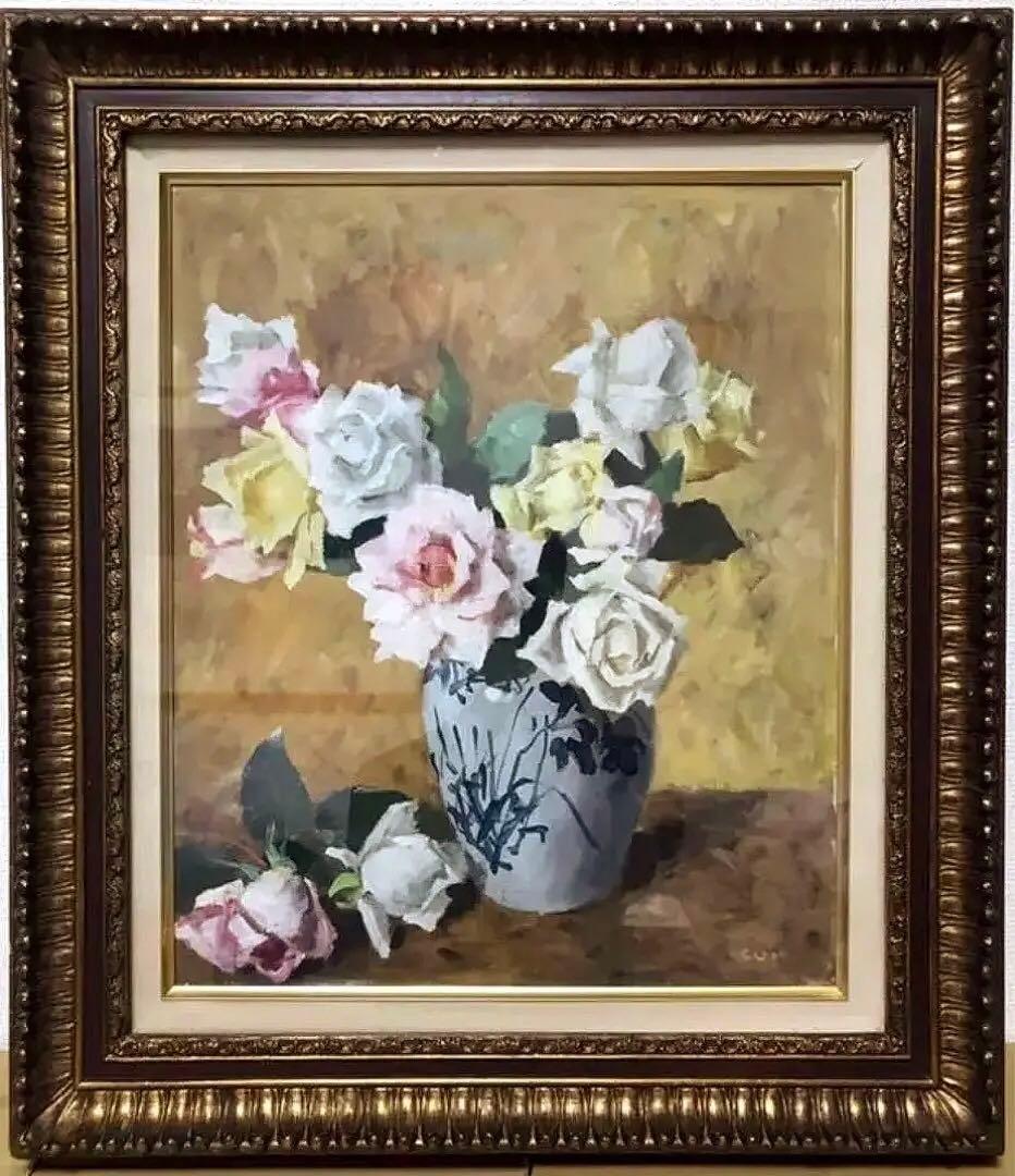 油絵花アンティークヴィンテージ油彩インテリア額縁原画一点物作家