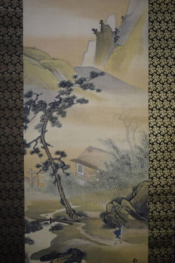 真作/狩野伊川院/人物山水図/三幅/金襴表装/布袋屋掛軸HG-