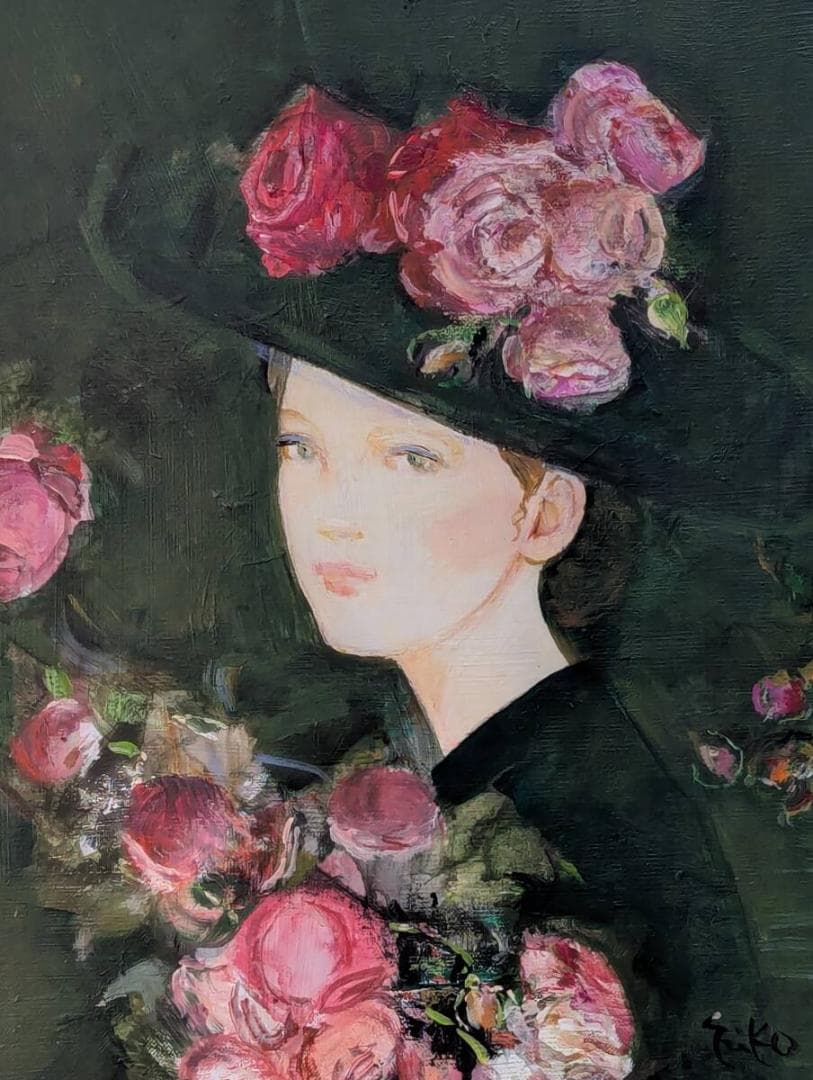 【真作】絵画　中島裕子　油彩6号　モーニングローズ　優雅なる視線　箱入　X74