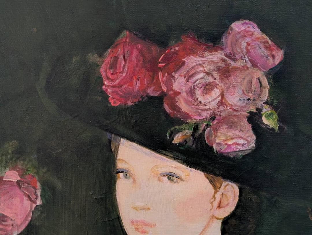 【真作】絵画　中島裕子　油彩6号　モーニングローズ　優雅なる視線　箱入　X74