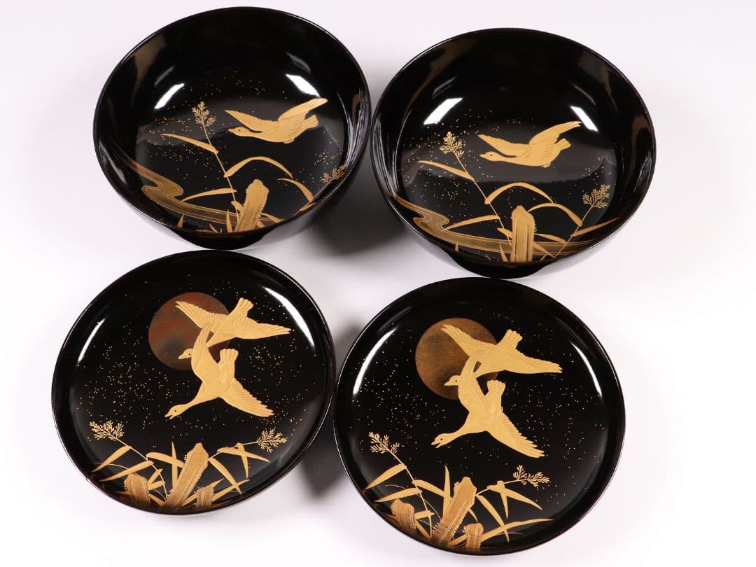 CL63 加賀蒔絵 月に雁 金蒔絵 黒塗煮物椀 二客 木製漆器