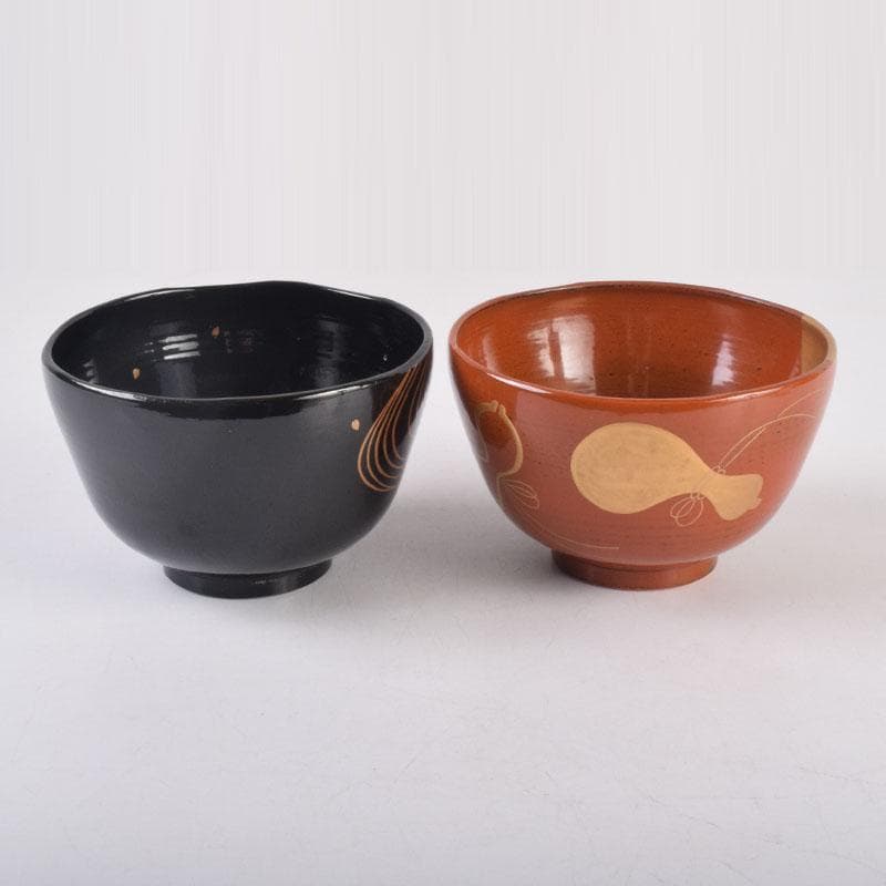 茶道具　春斎銘　陶蒔絵　黒塗　朱塗　波筏瓢箪蒔絵　茶碗　一対　V　8409