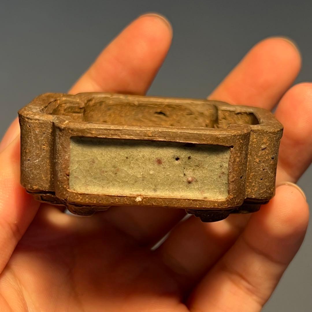 768.夢陶 隅角額入長方豆鉢 平成四年初窯 盆栽鉢 6*5.3*2.2cm