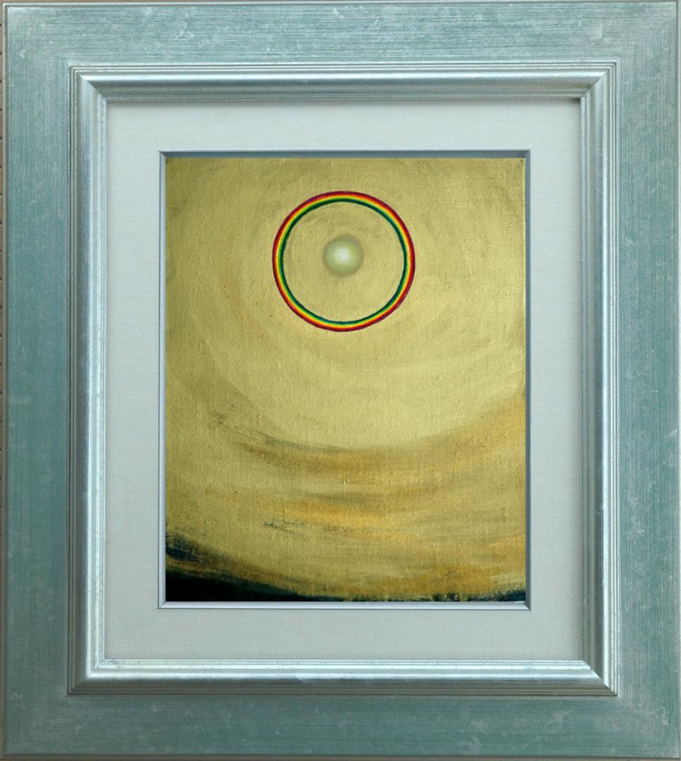 油絵 菅家令子 絵 絵画インテリア額付(青緑＋金色の枠)F3-G92023祈希望