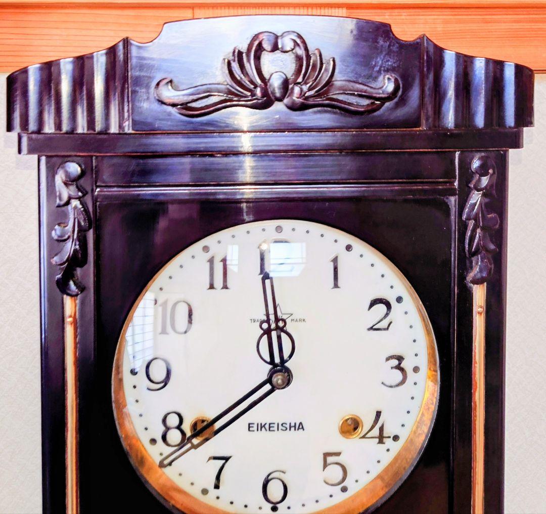 〈完動・美品〉栄計舎　黒漆塗りスリゲル宮型ゼンマイ振り子時計