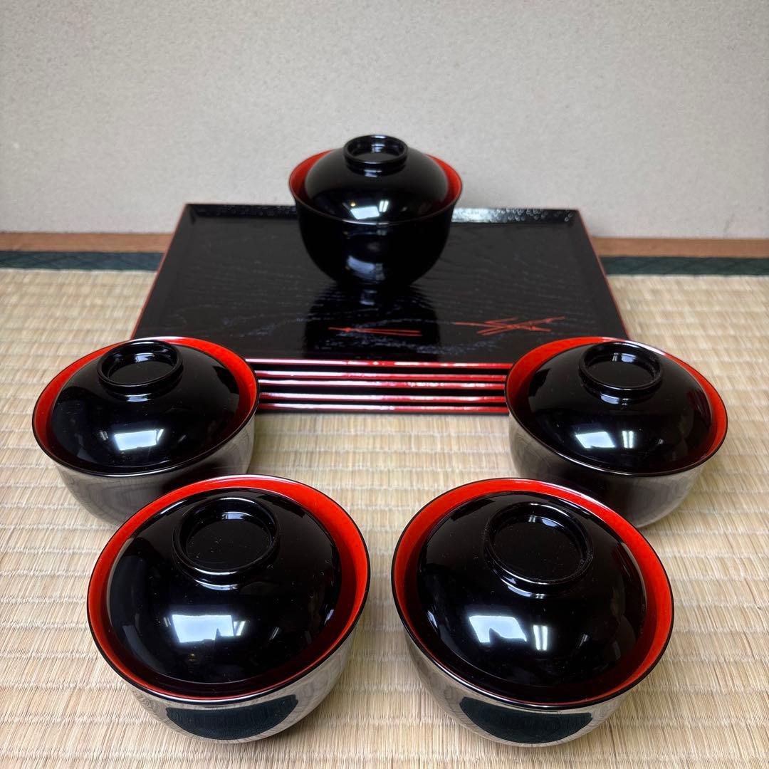 輪島塗　お汁粉椀　お膳　5客組　折れ松葉文　汁物椀　未使用品