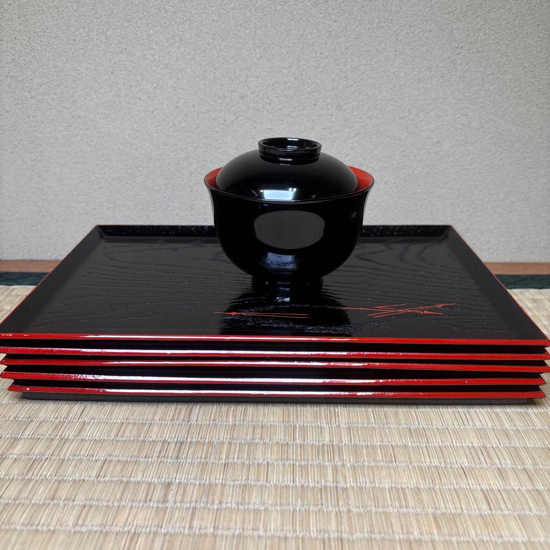 輪島塗　お汁粉椀　お膳　5客組　折れ松葉文　汁物椀　未使用品