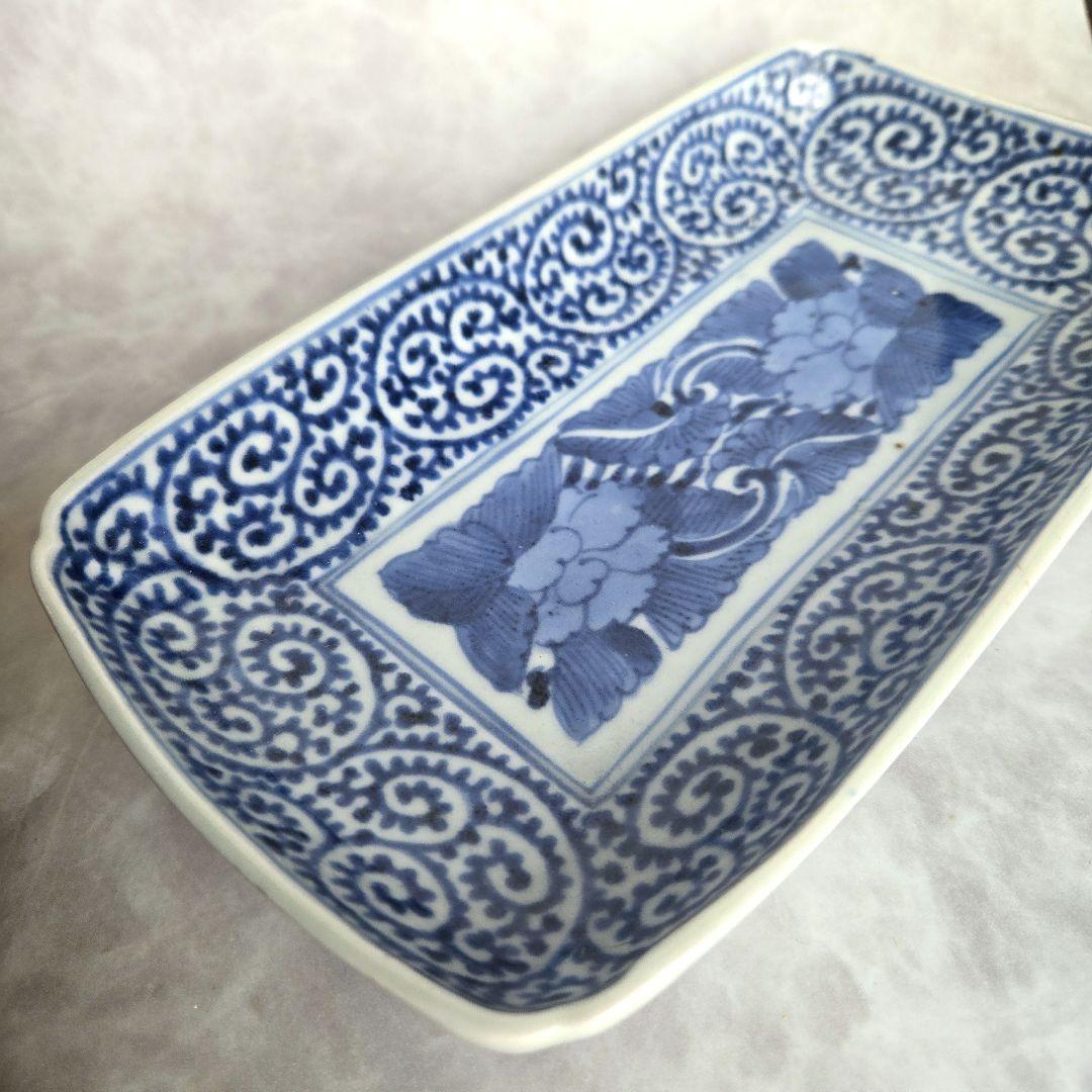 無傷古伊万里染付蛸唐草長皿角皿江戸時代金直し金継ぎ骨董牡丹