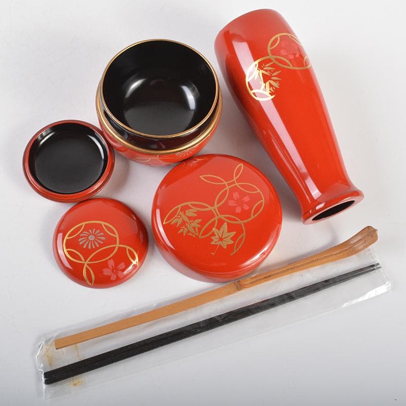 茶道具　黒面朱　利休茶箱　茶碗　継ぎ七宝蒔絵　棗など　六点一式　V　R7231