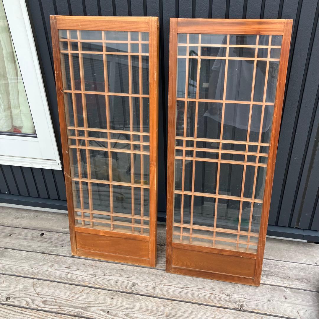 ⑤昭和レトロ 木製建具 ガラス入り格子戸 2枚セット 古民家 古家具