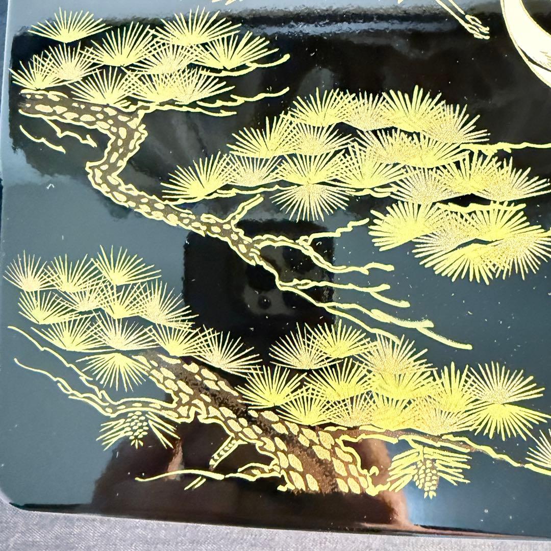新品未使用 会津塗 3段重箱 松に鶴 蒔絵 黒内朱 6.5寸 昭和レトロ