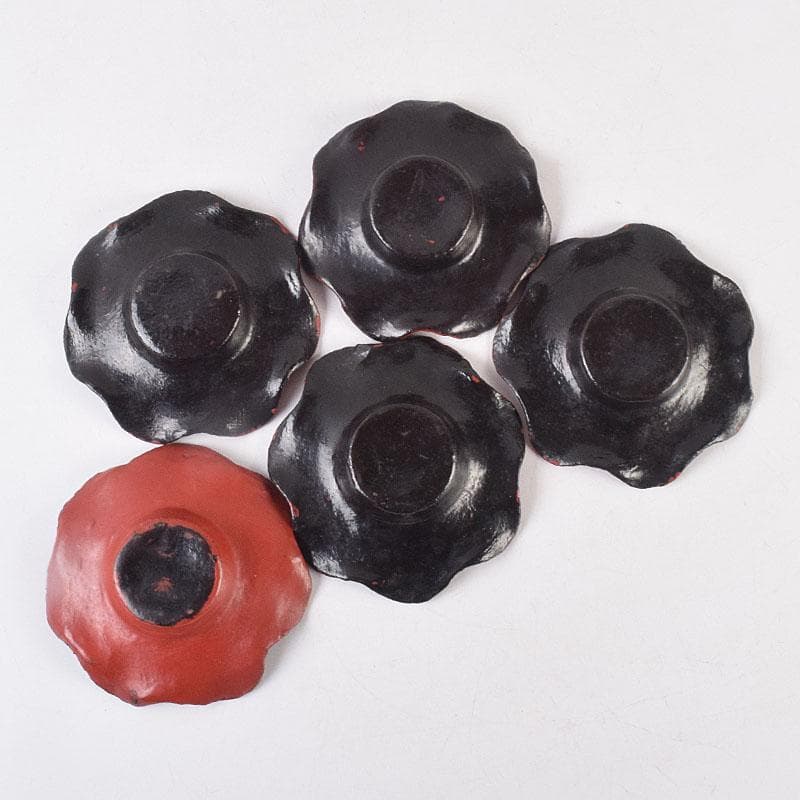 煎茶道具　唐物　朱塗　漢詩蝶文　花形茶托　五客　V　R8888