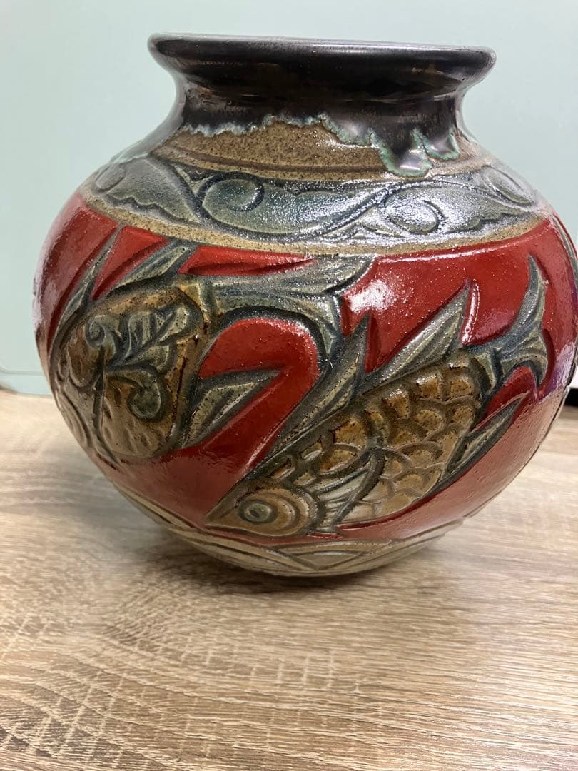 琉球 沖縄 壺屋焼 小橋川卓史作 赤絵魚紋壺 父小橋川清正 やちむん