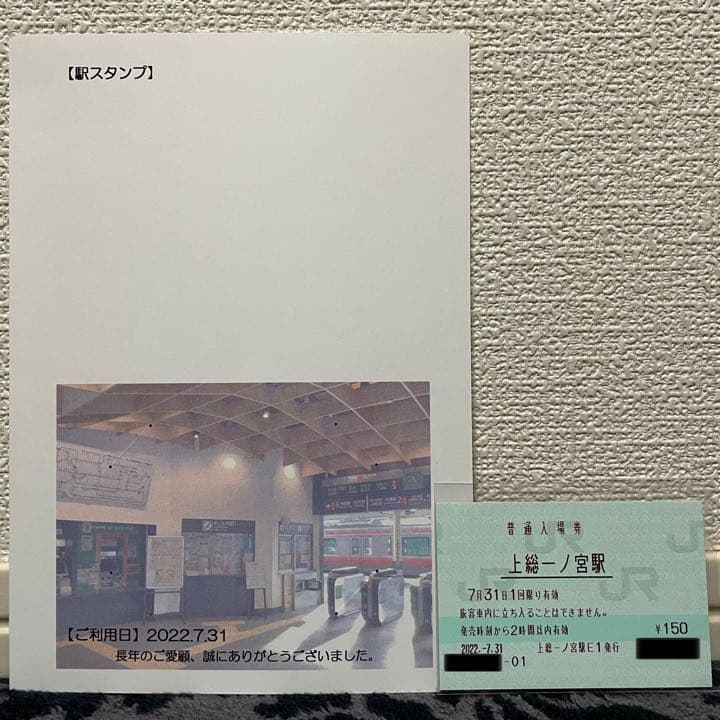 JR東日本 上総一ノ宮駅 マルス入場券 (大)＋記念台紙【窓口最終日】