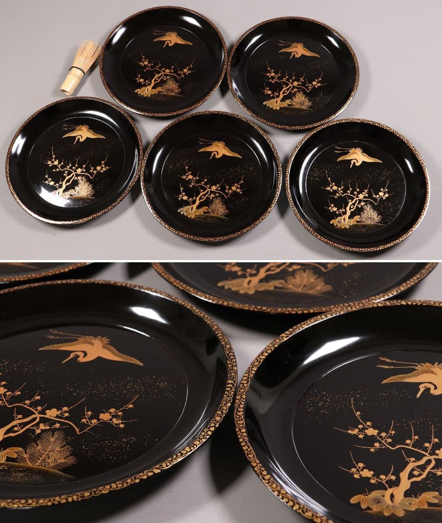 MA220 時代漆器 松竹梅鶴金蒔絵 縁唐草 黒塗 大徳寺盆 五客 菓子盆 木皿