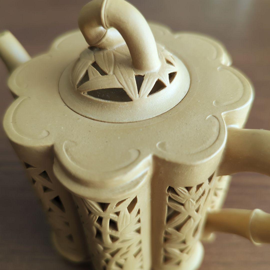 茶道具 昭和レトロ 中国『竹彫鏤空』 朱泥急須 透かし彫り 紫砂壺 骨董 竹