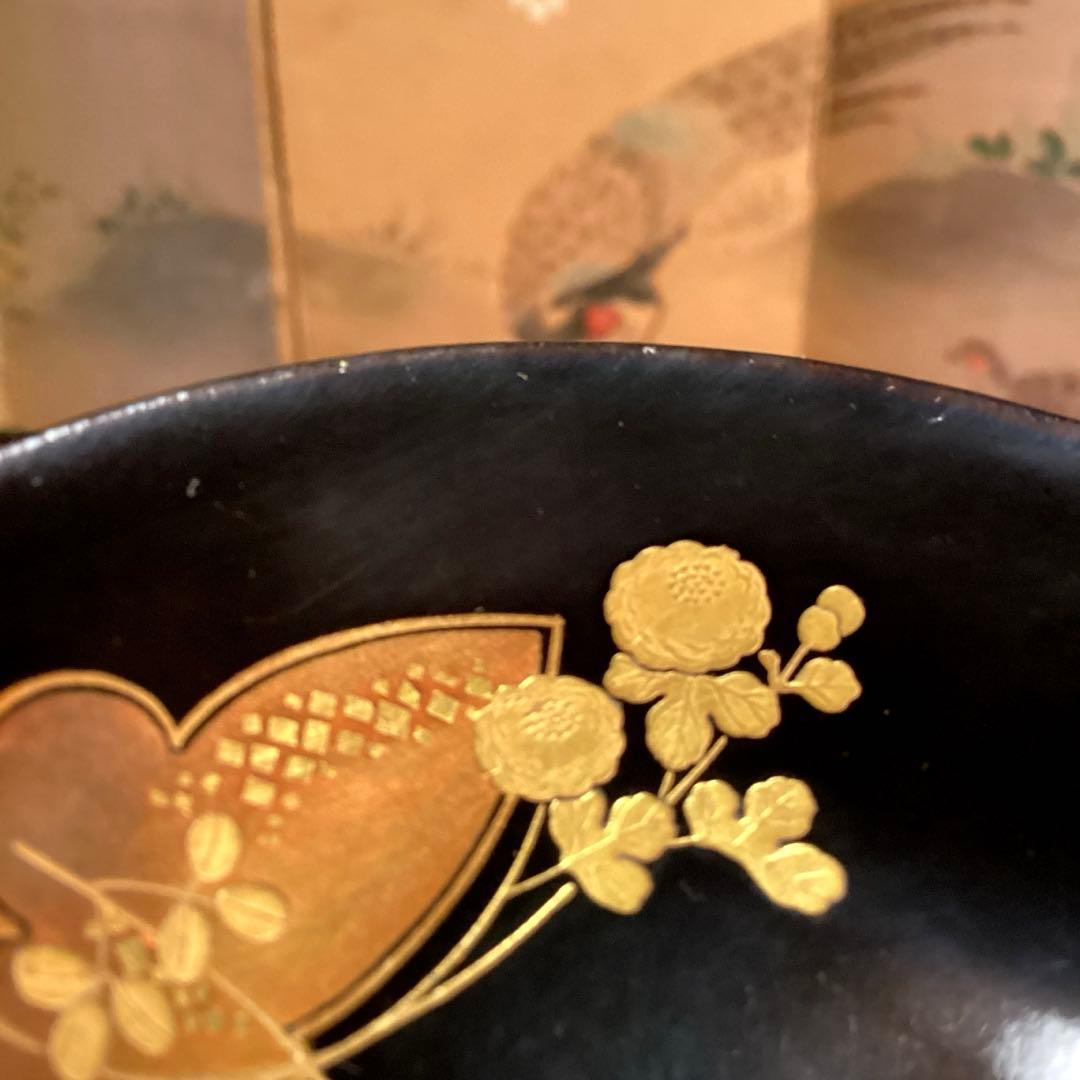 Ａ1019木製輪島塗椀　懐石道具　黒塗　秋草蒔絵　箸洗　小吸い物　　5客