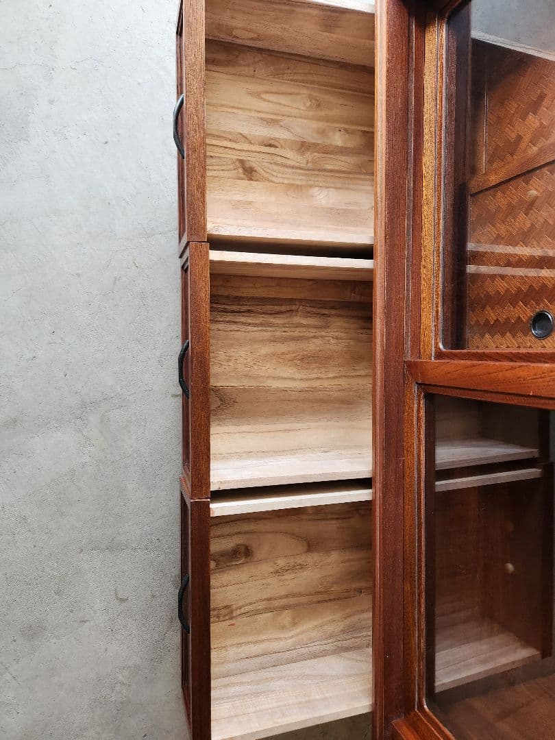 欅 あじろ茶棚 茶箪笥 和風収納棚 ガラス扉付き アンティーク風昭和レトロ