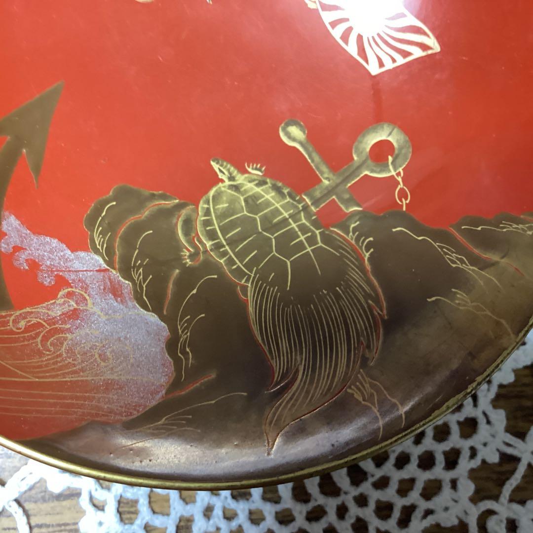 k2f14 赤色漆器 3枚セット 鶴と亀と日章旗のデザイン