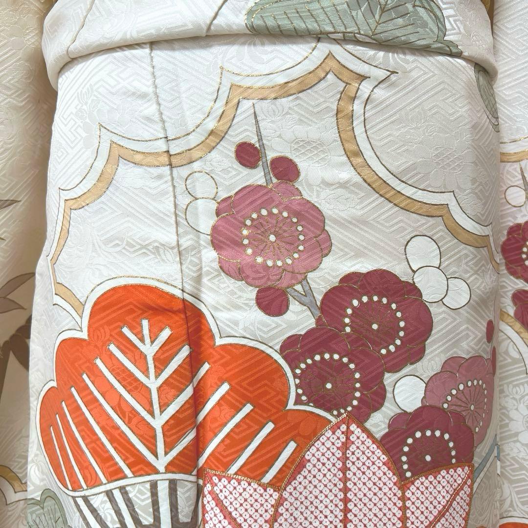425 振袖フルセット 正絹 オフホワイト 白 金彩 駒刺繍 松竹梅 レトロ