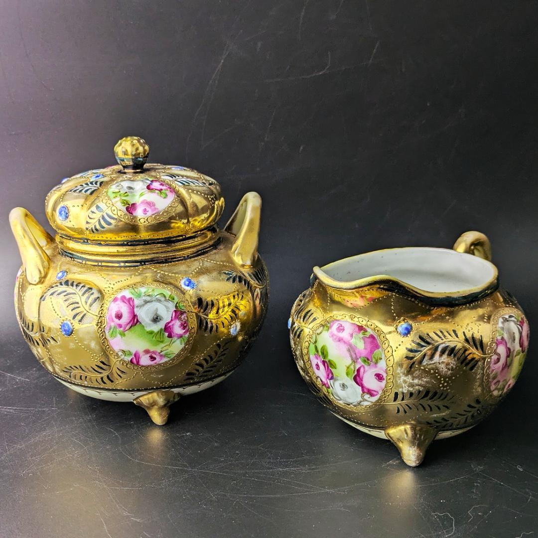 豪華金彩アールヌーボー 薔薇唐草模様 茶壷＆糖器セット 手彩金盛