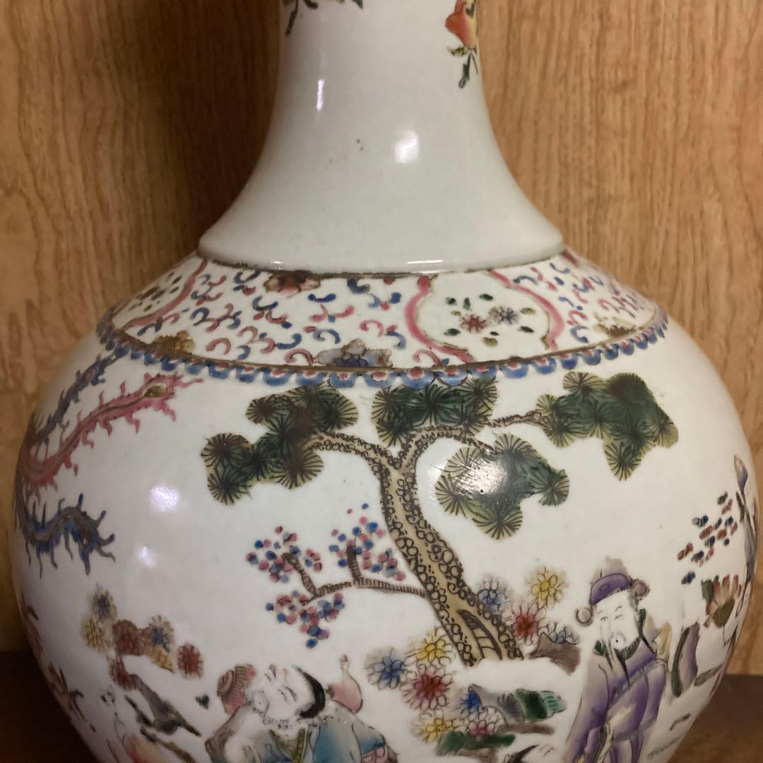 中国　色絵　瓶　天球瓶　鳳凰鶴桃果人物図　大清康熙年製銘