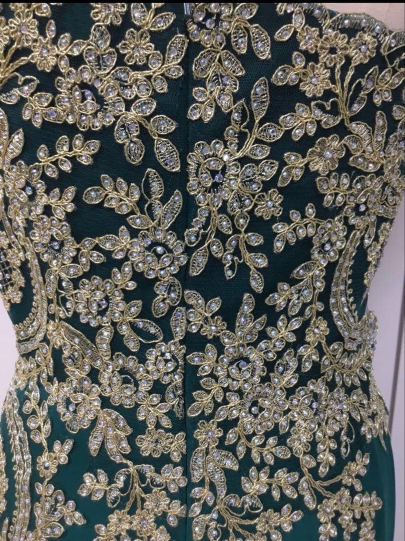 ダークグリーン ワンショルダー パーティードレス