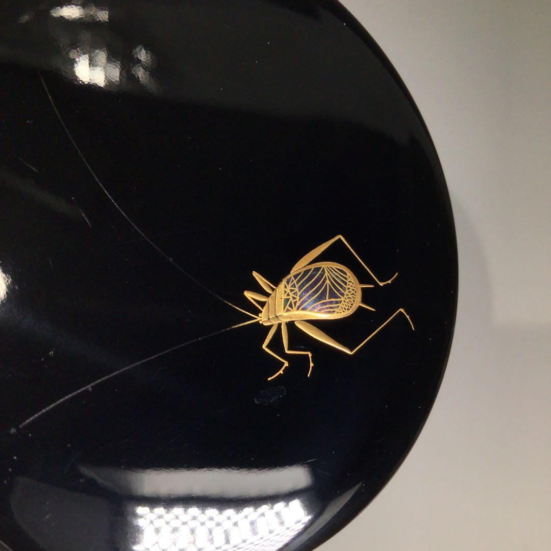 Ｐ６９１　香合　『道場宗廣作』『黒漆塗』『虫蒔絵』『丸香合』　共箱　茶道具