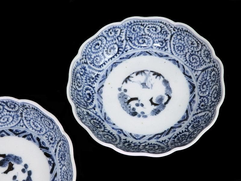 古伊万里　染付　蛸唐草に松竹梅の図　膾皿　２客　江戸期　E913AS-CSy