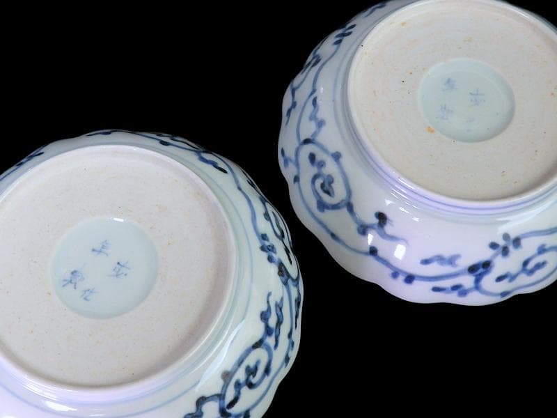 古伊万里　染付　蛸唐草に松竹梅の図　膾皿　２客　江戸期　E913AS-CSy