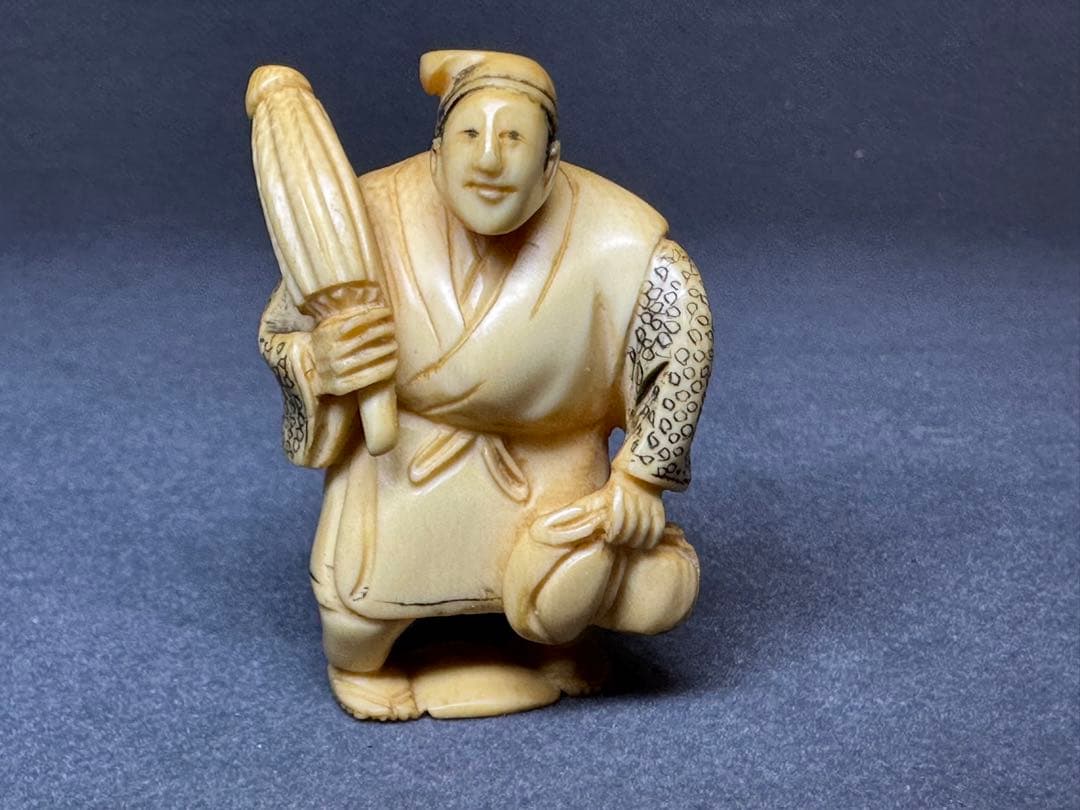 極上根付面と唐子天然素材アンティーク和彫置物骨董飾り物古美術品