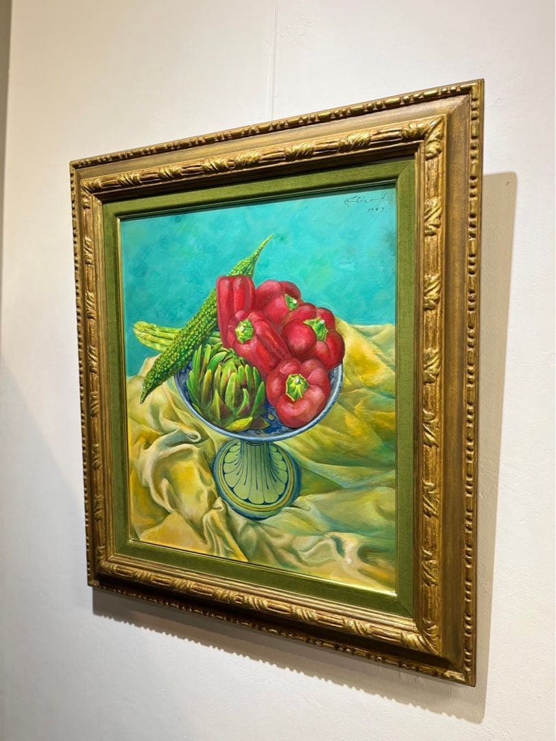 奥谷博「アーティチョクと赤ピーマン」油彩画 1989年 日動画廊シール付き