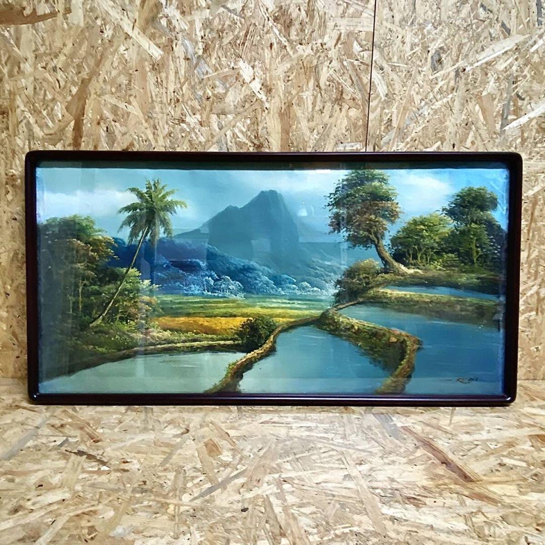 バリの絵画横長フレーム風景画 油彩画 油絵 木製額縁 額装 絵画 壁掛け