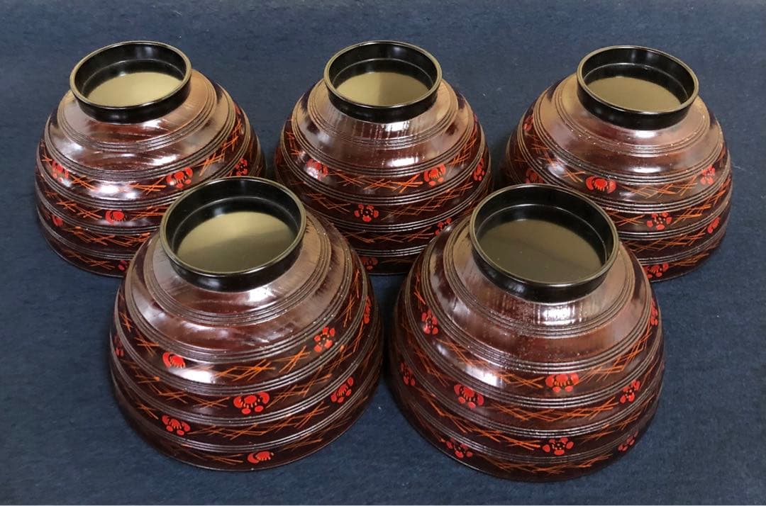 《レ》懐石 梅松葉絵 吸物椀5客 理平造 木製漆器 共箱　251104う3