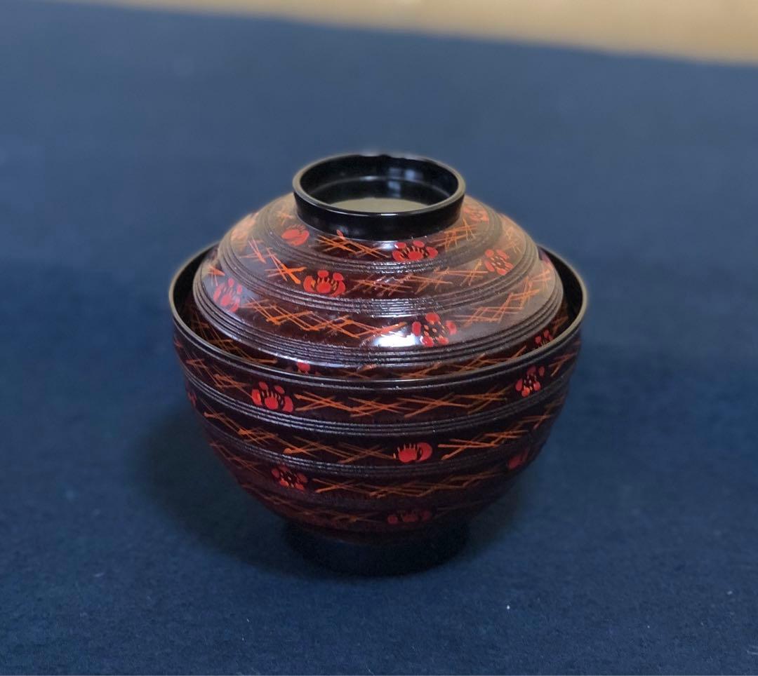 《レ》懐石 梅松葉絵 吸物椀5客 理平造 木製漆器 共箱　251104う3