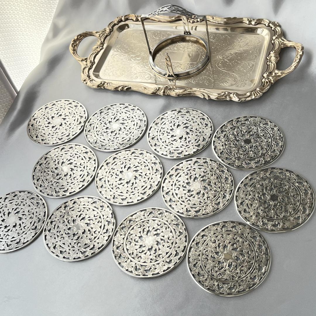 【WEBSTER】【純銀/ガラス】コースター 12枚 / ホルダー スターリング