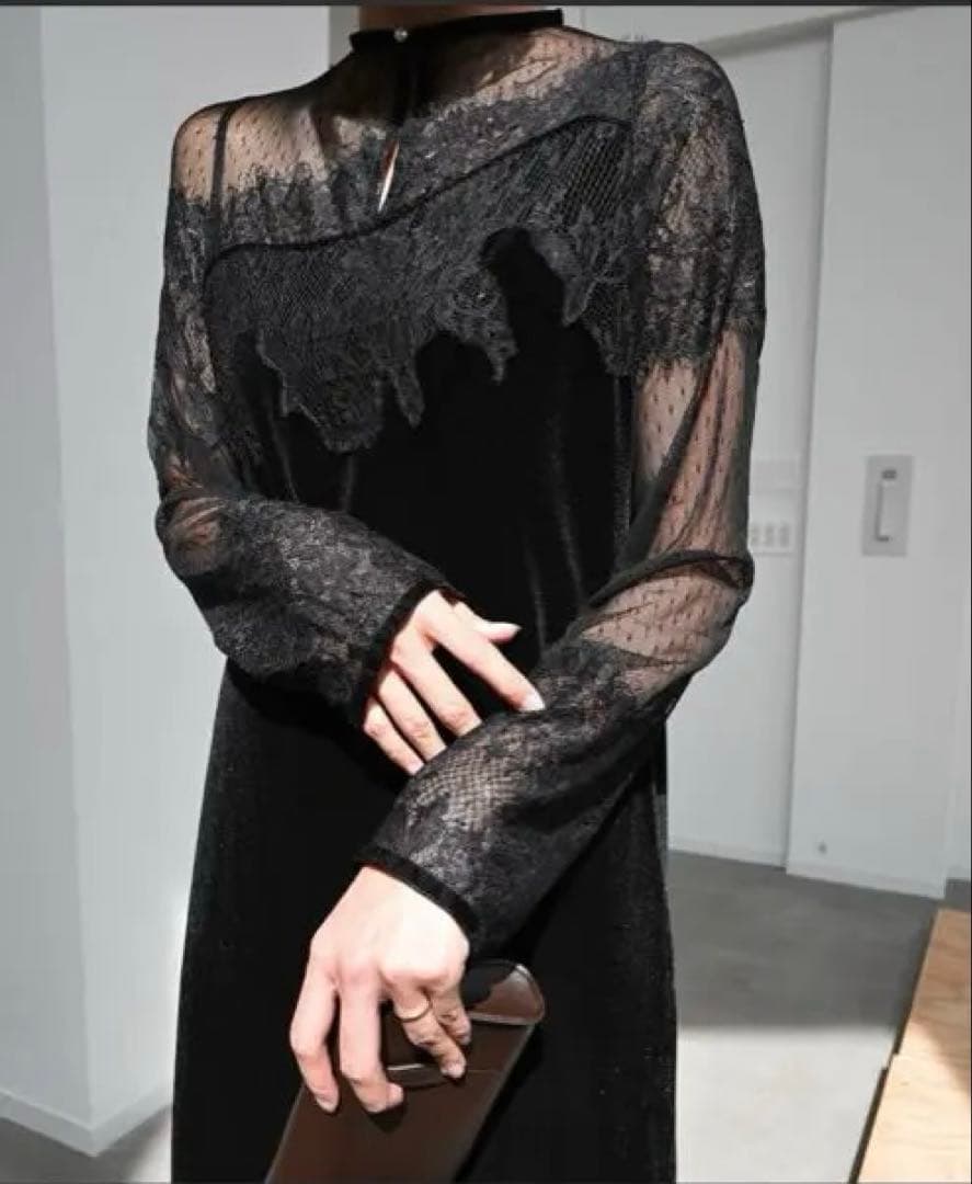 美品　dot tulle panel lace velour OP ブラック