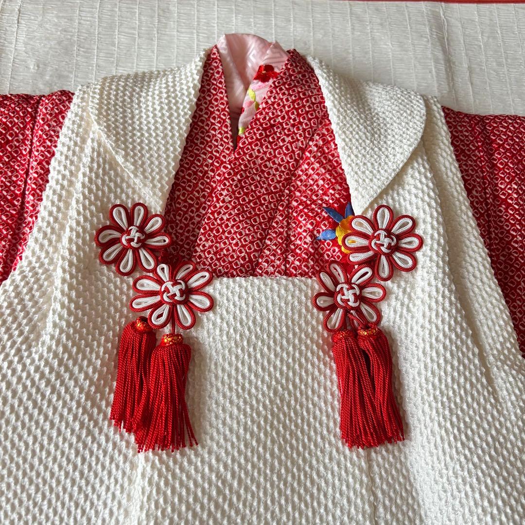 七五三 3歳 総絞り 着物 正絹 被布 三歳 赤 草履 753 金駒刺繍 赤白