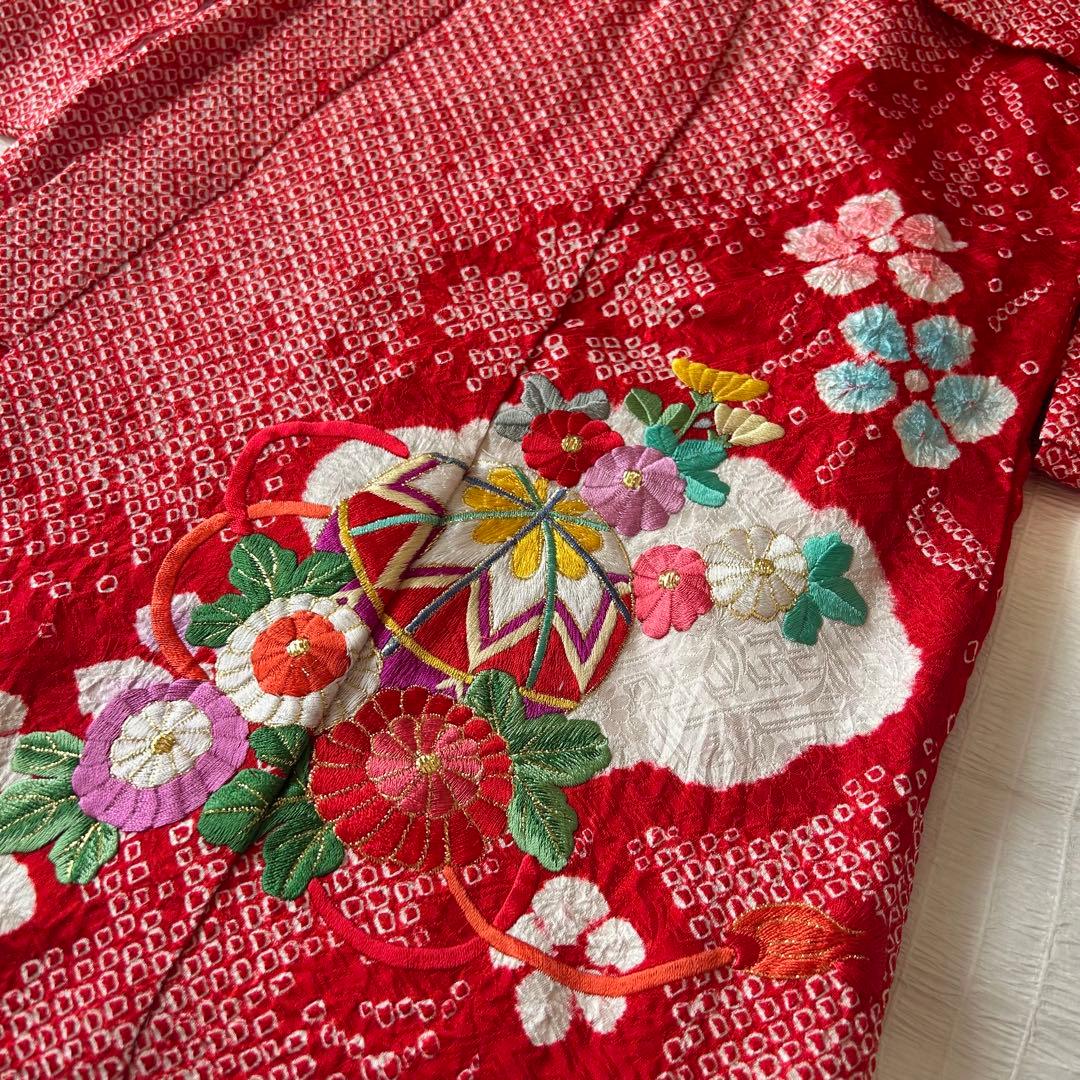 七五三 3歳 総絞り 着物 正絹 被布 三歳 赤 草履 753 金駒刺繍 赤白