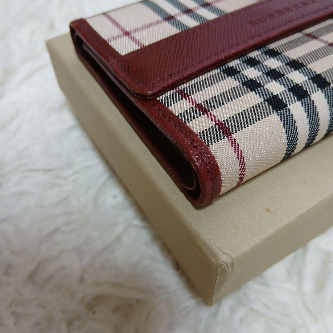 【美品】【BURBERRY】ノバチェック　３つ折り財布　ベージュ　ボルドー