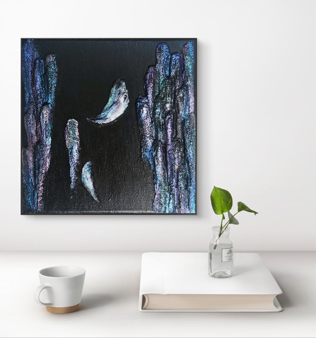 烏の濡れ羽 舞い落ちる テクスチャーアート 18×18㎝ S0 原画1点のみ