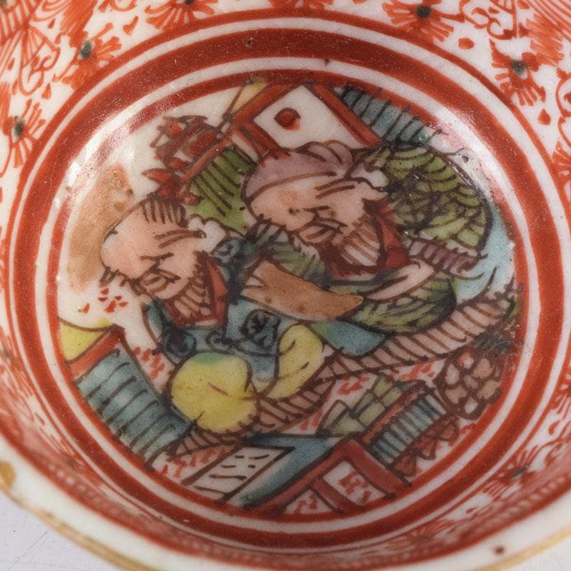 九谷焼 古九谷 赤絵 花人物文 盃 ぐい呑 N 9175 美術品・アンティーク