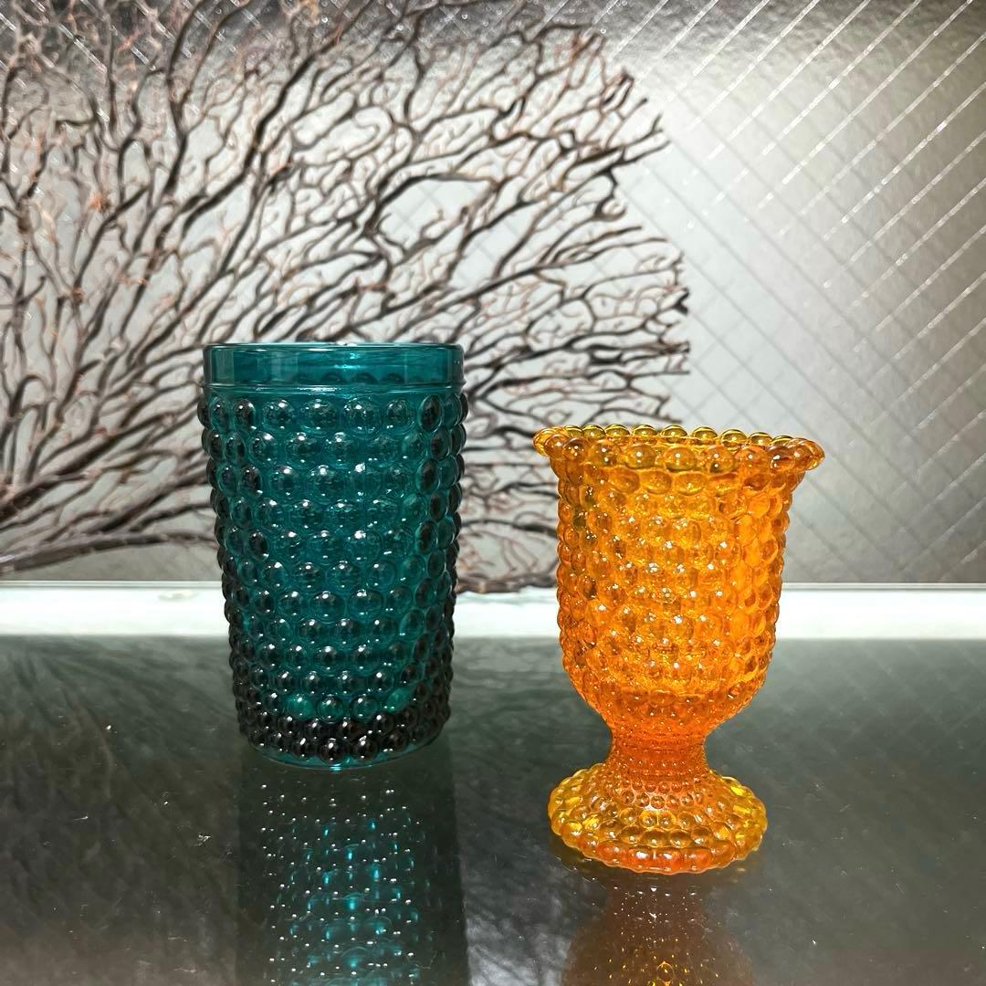 骨董 時代ガラス 希少 橙色 黄色暈し 霰プレス あられ 氷コップ ウラン