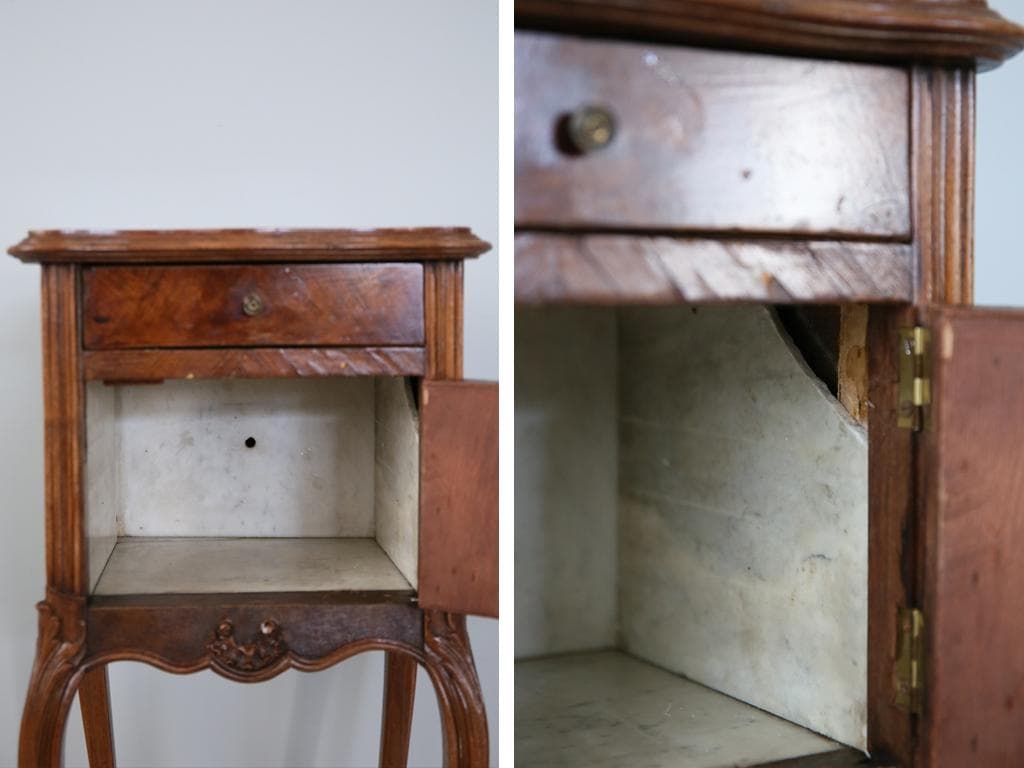 フランスアンティーク木製*大理石キャビネット/ナイトテーブル机(90-143-5